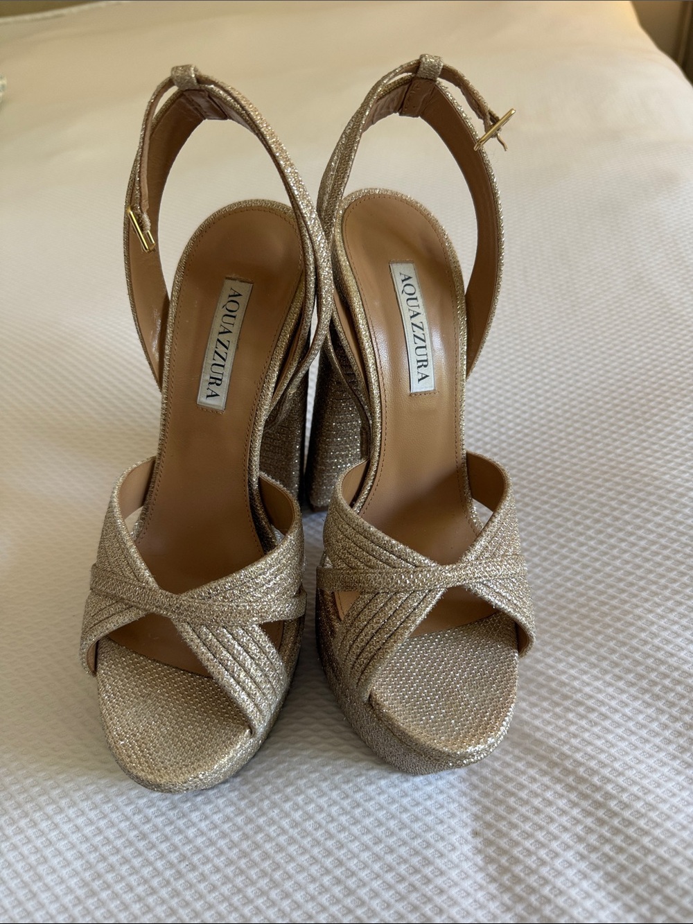Aquazzura Metallic Gold Crisscross Platform Heels
